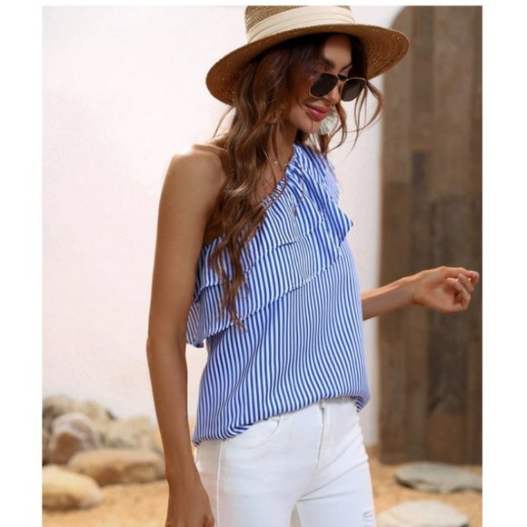 Vertical Striped Ruffle Trim One Shoulder Blouse NWT - Size Medium - Picture 4 of 6